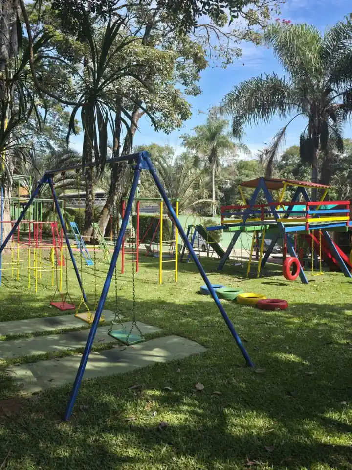 Playground com balanços entre palmeiras e gramado